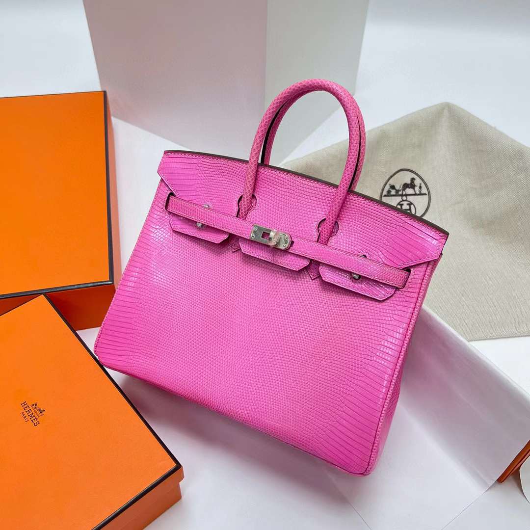 Hermès（爱马仕）Birkin 铂金包 Lizard 进口蜥蜴皮 j5 桃粉色 银扣 25cm 全手工蜡线缝制 Phw