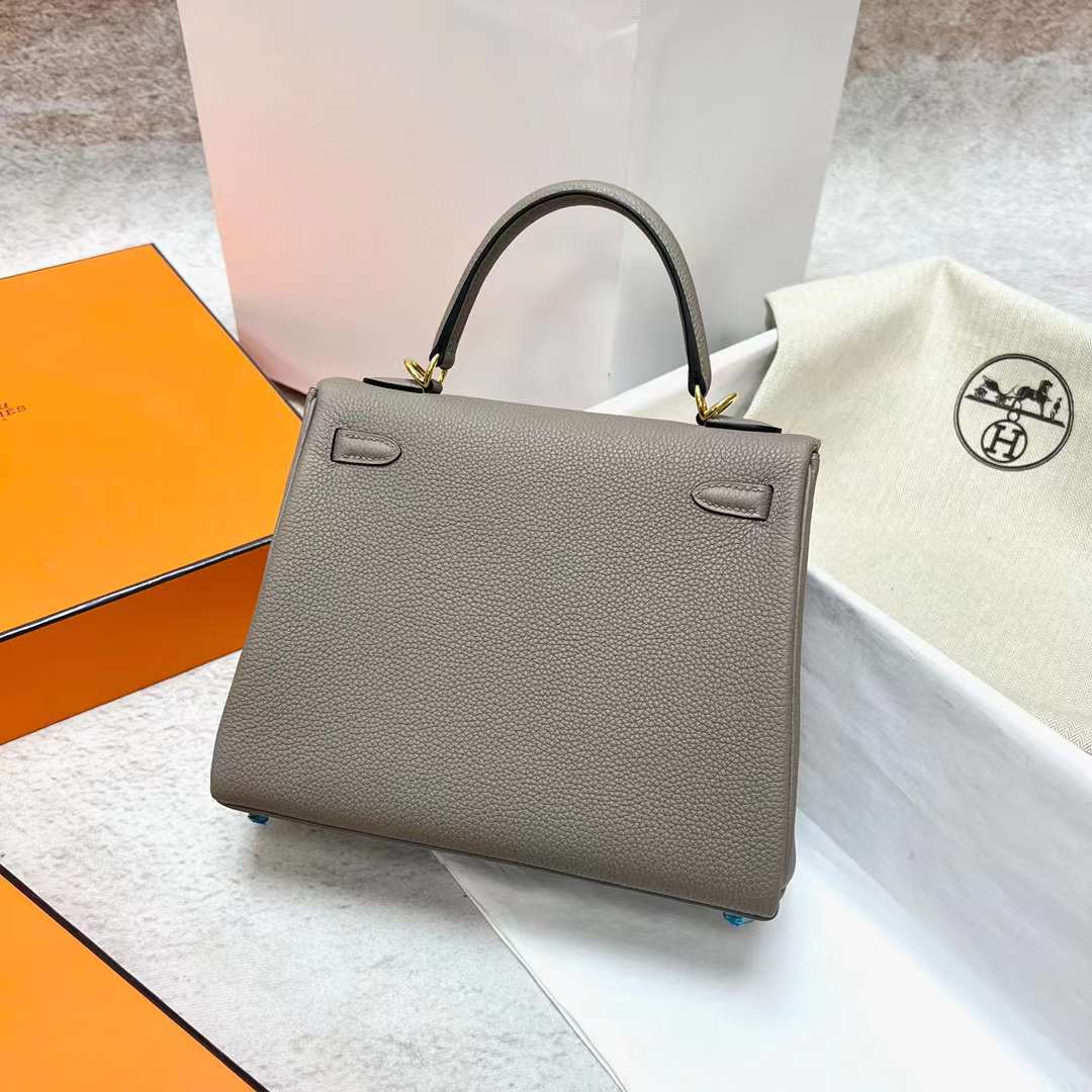 Hermès（爱马仕）Kelly 凯莉包 Togo皮 M8 沥青灰 金扣 25cm 全手工蜡线缝制 Ghw