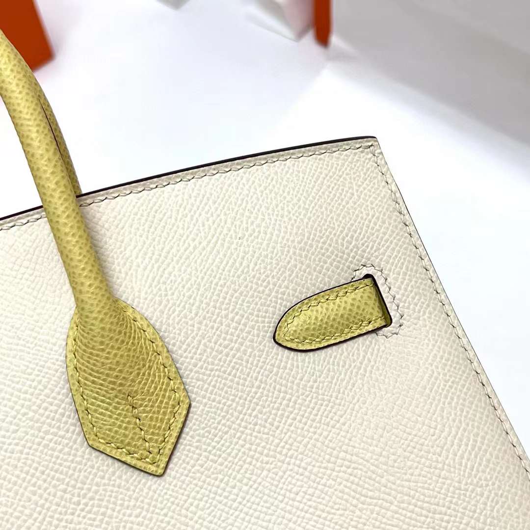 Hermès（爱马仕）Birkin 铂金包 Sellier Epsom I2 奶油白 拼 1Z 小鸡黄 银扣 25cm 全手工蜡线缝制