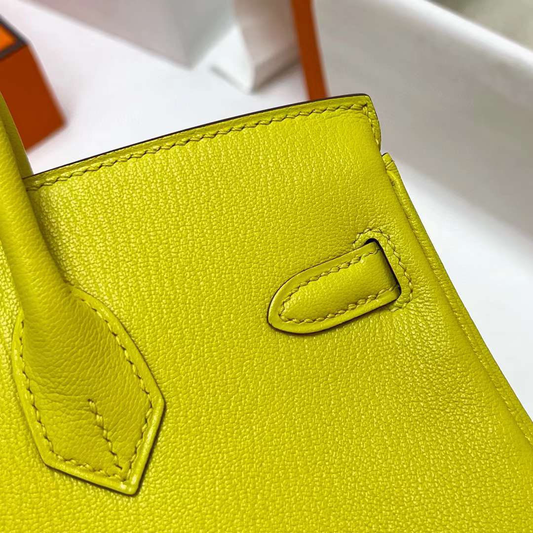 Hermès（爱马仕）Birkin 铂金包 Chevre 进口山羊皮 9R 柠檬黄 银扣 25cm 全手工蜡线缝制 Phw