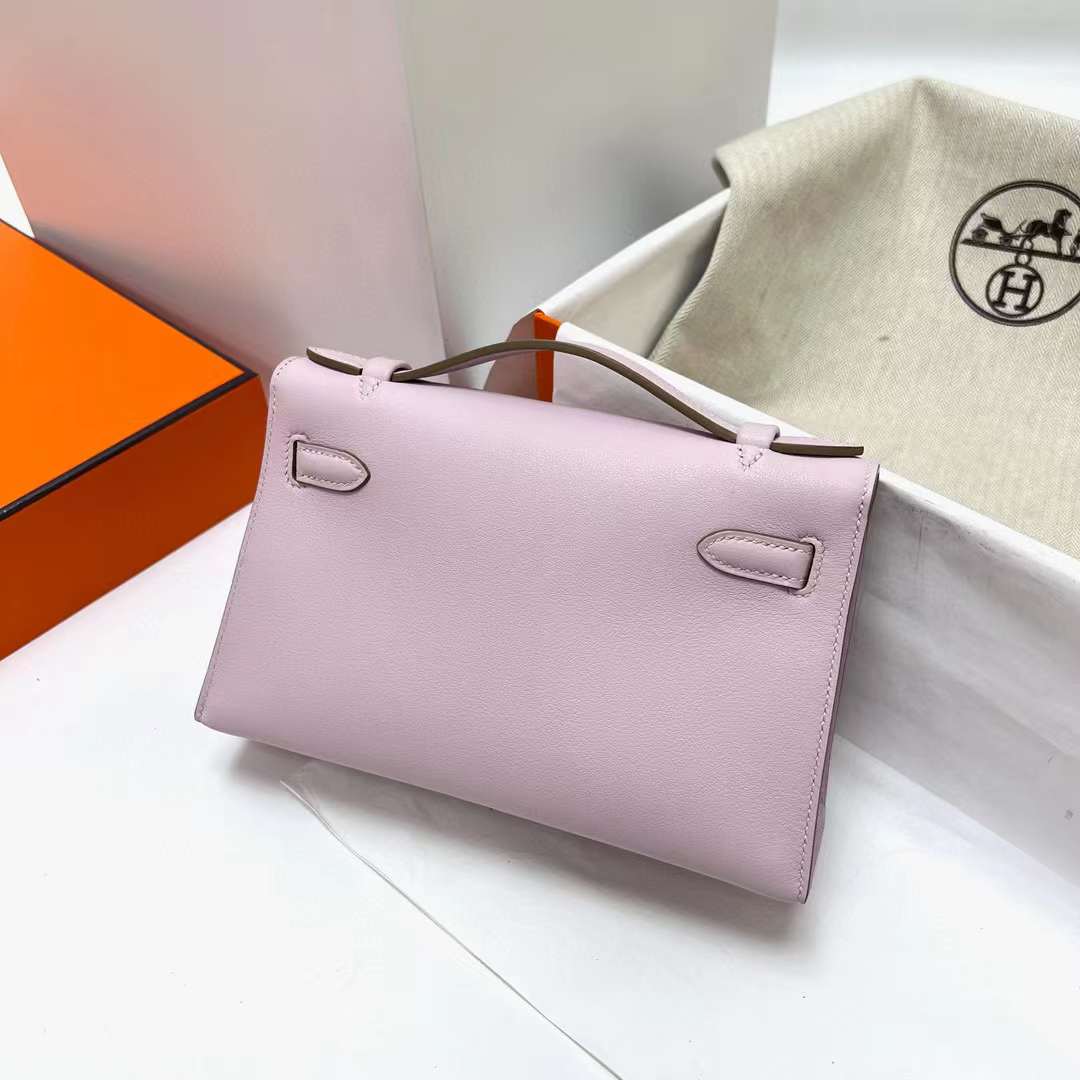 Hermès（爱马仕）Mini Kelly Pochette Swift 09 梦幻粉紫 银扣 22cm 全手工蜡线缝制 phw