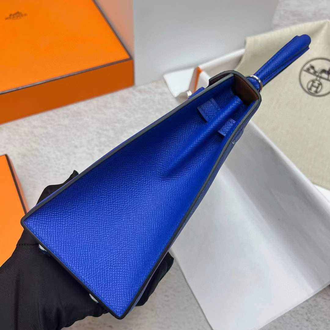 Hermès（爱马仕）Kelly 凯莉包 Epsom 三拼色 Ck73 宝石蓝 拼 O8 法国蓝 内拼 金棕色 银扣 25cm 全手工蜡线缝制 Phw