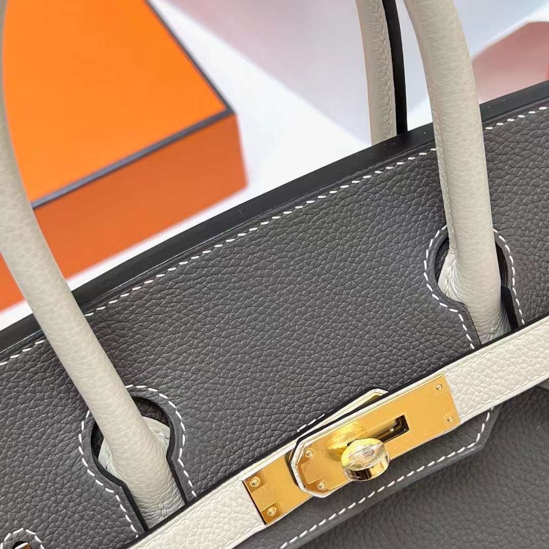 Hermès（爱马仕）Birkin 铂金包 Togo皮 8F 锡器灰 拼 Ck10 奶昔白 金扣 30cm 全手工蜡线缝制 Ghw
