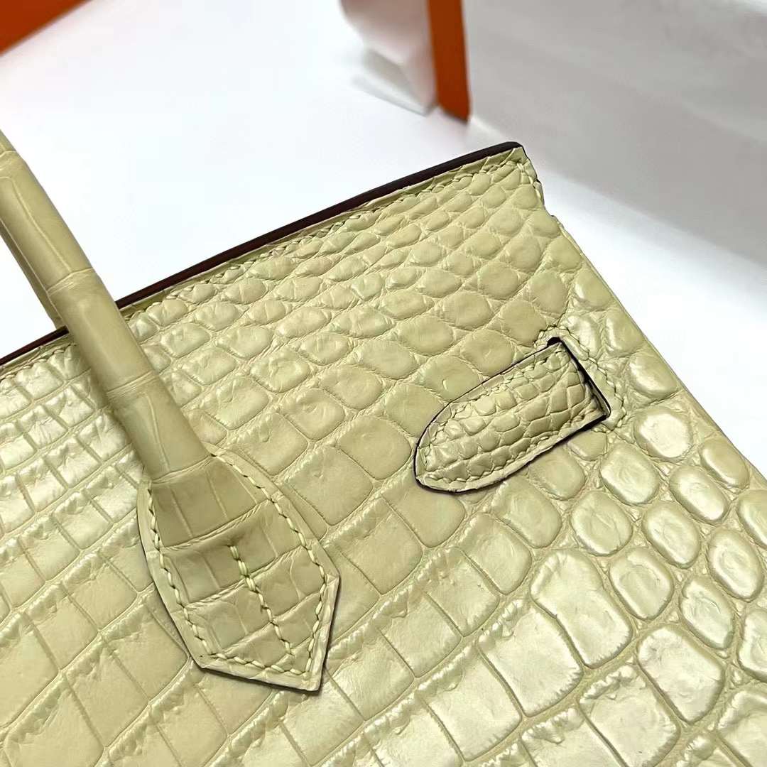 Hermès（爱马仕）Birkin 铂金包 雾面尼罗鳄鱼 Matte Nilo Crocodile 19 Abricot 杏色 银扣 30cm 全手工蜡线缝制 Phw