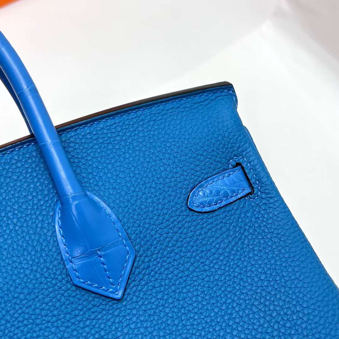 Hermès（爱马仕）Birkin 铂金包 Touch Togo 拼 雾面美洲鳄 坦桑尼亚蓝 金扣 25cm 全手工蜡线缝制