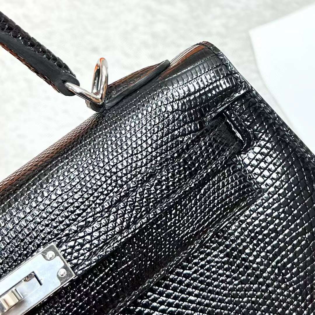 Hermès（爱马仕）Kelly 凯莉包 Lizard 进口蜥蜴皮 Ck89 黑色 银扣 25cm 全手工蜡线缝制 Phw