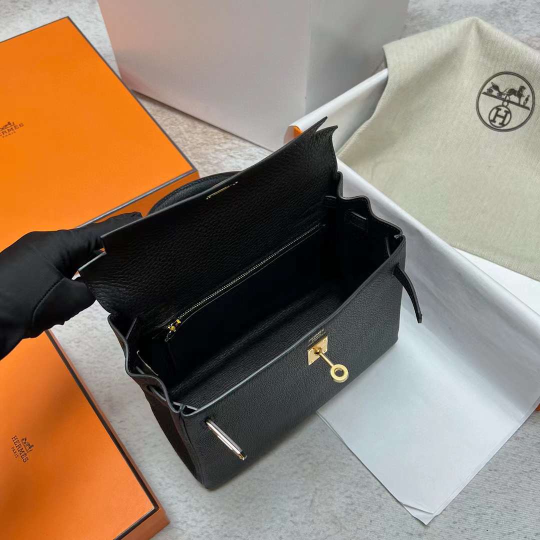 Hermès（爱马仕）Kelly 凯莉包 Togo皮 Ck89 黑色 金扣 25cm 全手工蜡线缝制 Ghw
