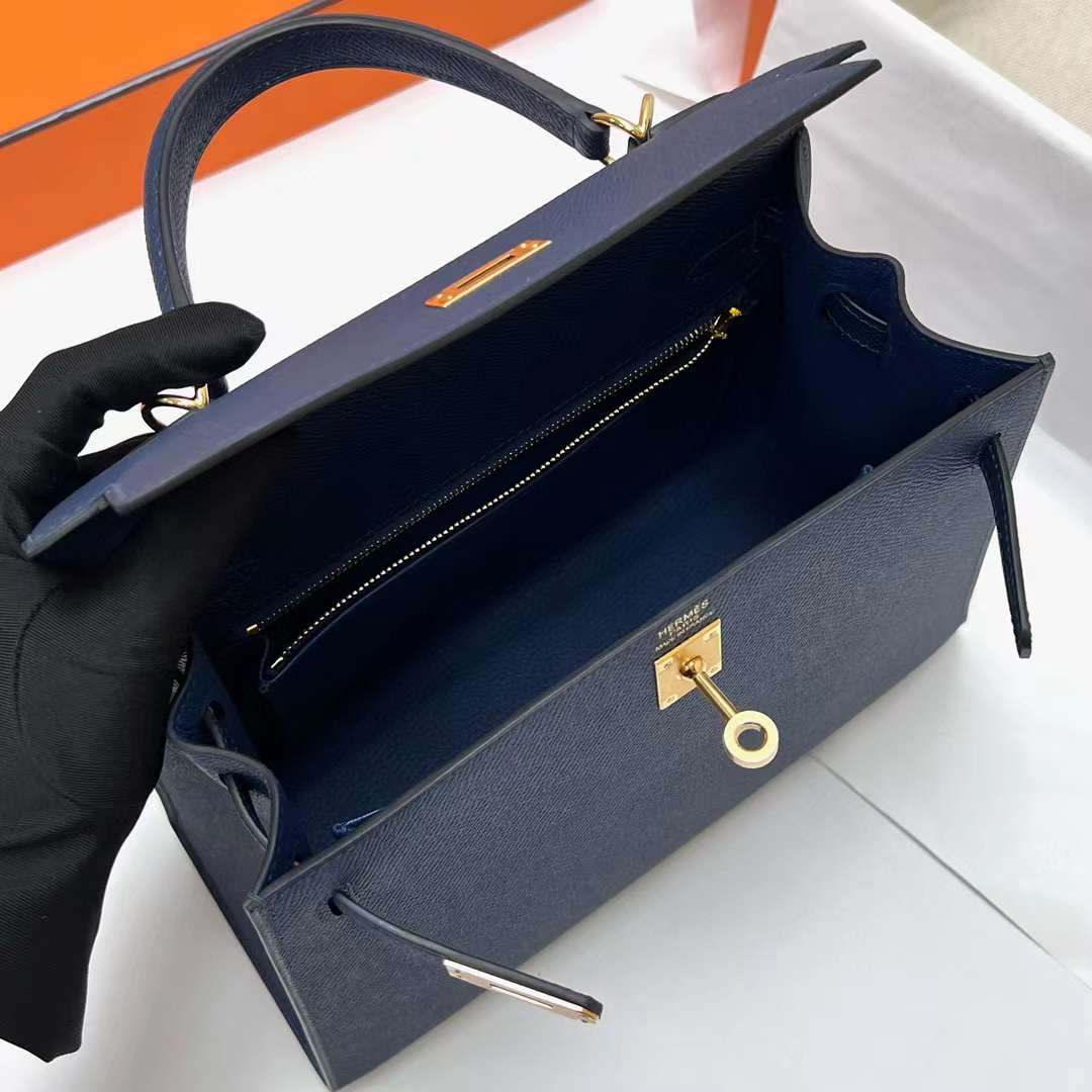 Hermès（爱马仕）Kelly 凯莉包 Epsom Ck73 宝石蓝 金扣 25cm 全手工蜡线缝制 Ghw