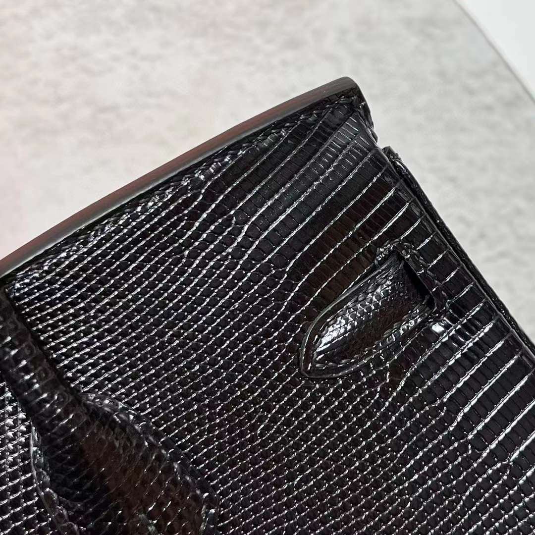 Hermès（爱马仕）Birkin 铂金包 Lizard 进口蜥蜴皮 Ck89 黑色 银扣 25cm 全手工蜡线缝制 Phw
