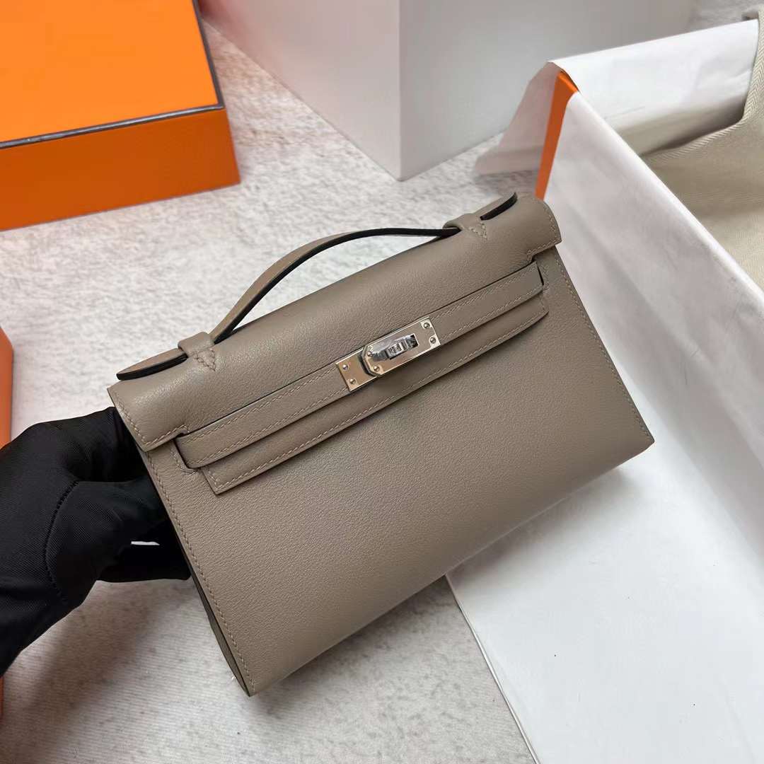 Hermès（爱马仕）Mini Kelly Pochette Swift M8 沥青灰 银扣 22cm 全手工蜡线缝制 Phw