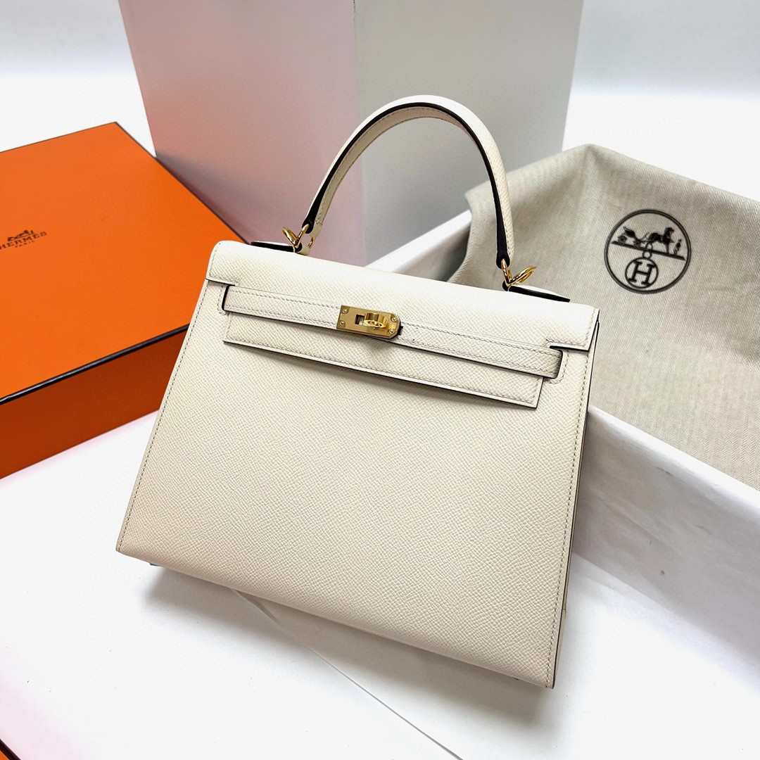 Hermès（爱马仕）Kelly 凯莉包 Epsom 掌纹皮 01 纯白 White 银扣 Phw 25cm 顶级手缝