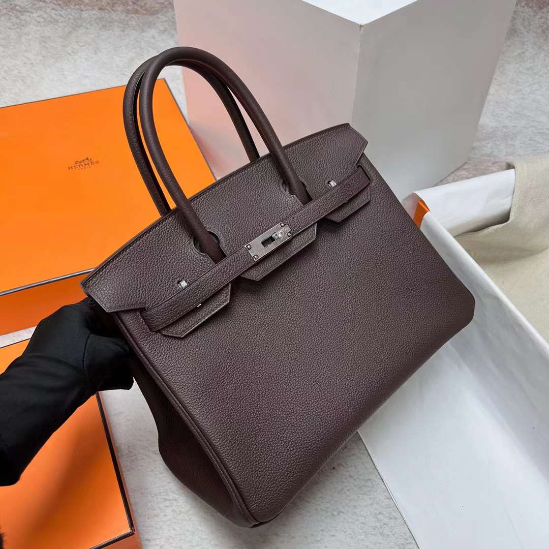 Hermès（爱马仕）Birkin 铂金包 Togo Ck46 乌木色 银扣 30cm 全手工蜡线缝制 Phw