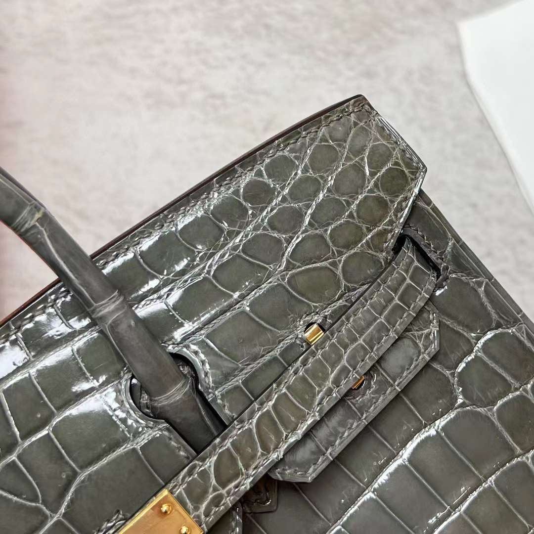 Hermès（爱马仕）Birkin 铂金包 亮面尼罗鳄鱼 Shiny Nilo Crocodile 8F 锡器灰 金扣 25cm 全手工蜡线缝制 Ghw