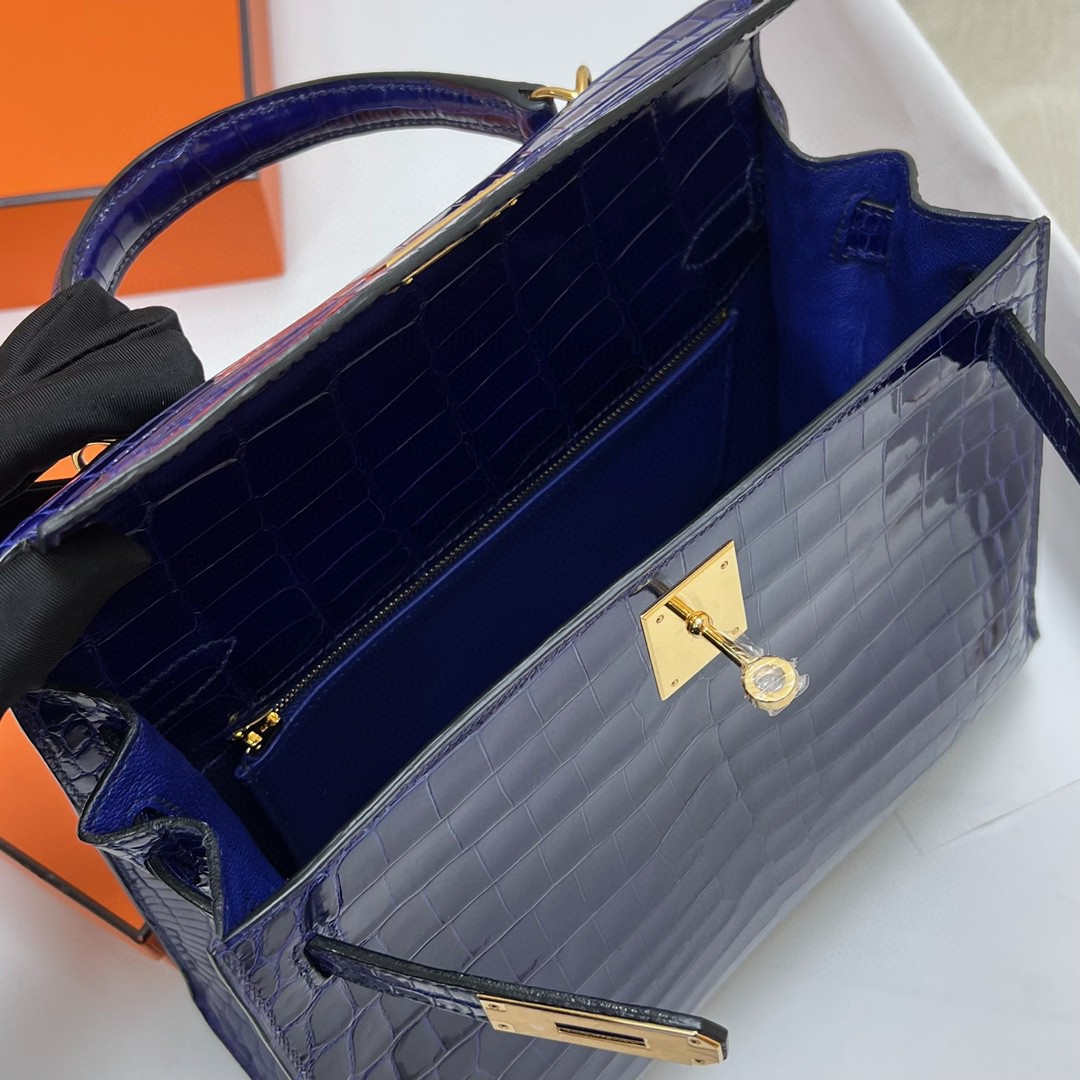 Hermès（爱马仕）Kelly 凯莉包 Crocodile shiny 亮面尼罗鳄鱼皮 7T 电光蓝 金扣 GHW 28cm 顶级手缝