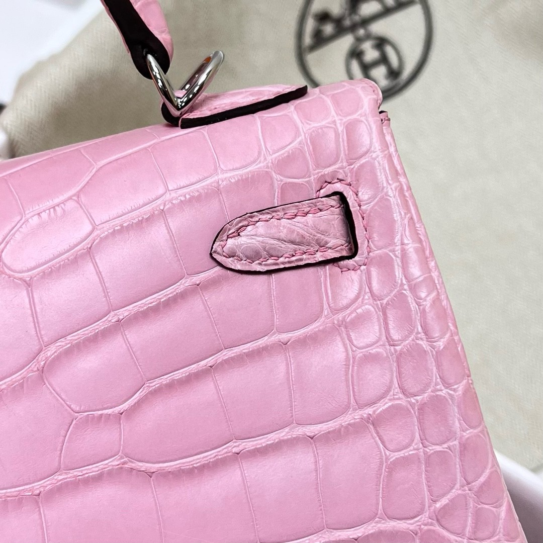 Hermès（爱马仕）Kelly 凯莉包 Alligator matt 雾面美洲鳄鱼皮 5P 樱花粉 银扣 PHW 25cm 顶级手缝