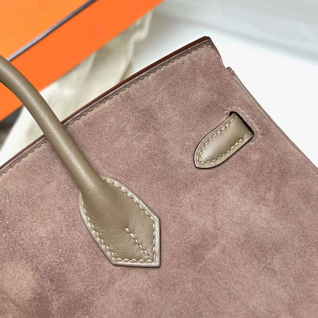 Hermès（爱马仕）Birkin 铂金包 Suede 拼 Swift Ck18 大象灰 银扣 25cm 全手工蜡线缝制 Phw