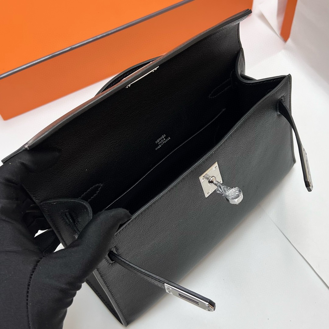 Hermès（爱马仕）Mini Kelly pochette Swift ck89 黑色 Noir 银扣 PHW 22cm 顶级手缝
