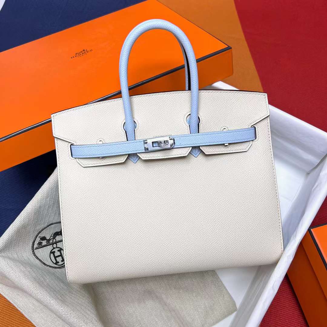 Hermès（爱马仕）Birkin 铂金包 Sellier Epsom I2 奶油白 拼 T0 雾蓝色 银扣 25cm 全手工蜡线缝制 Phw