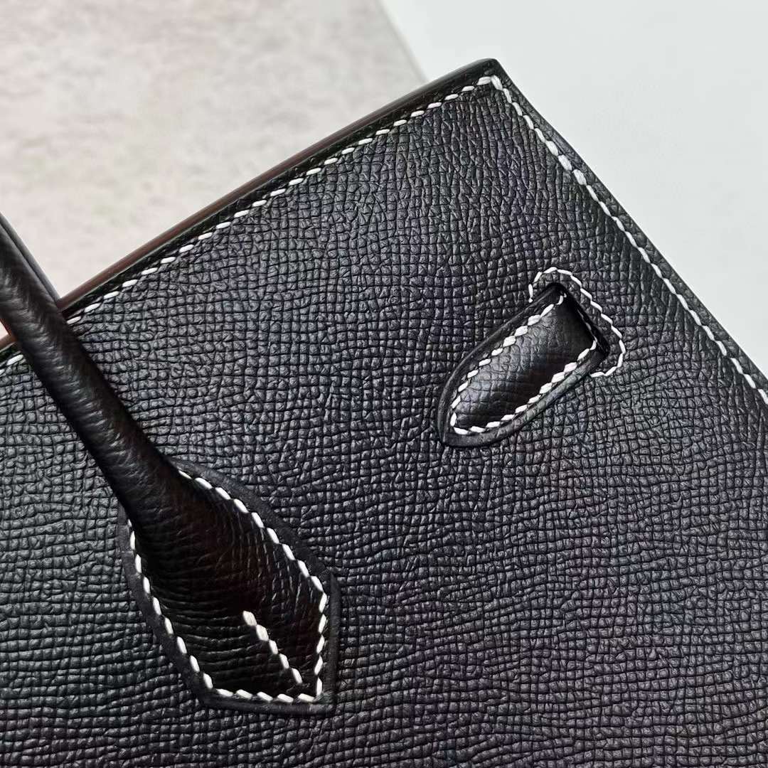 Hermès（爱马仕）Birkin 铂金包 Sellier Epsom Ck89 黑色 走白色线 银扣 25cm 全手工蜡线缝制 Phw