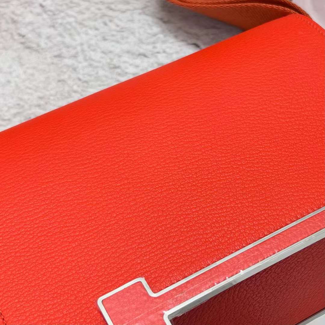 Hermès（爱马仕）Geta 木屐包 Chevre 进口山羊皮 J9 火焰橙 银扣 20cm 全手工蜡线缝制 Phw