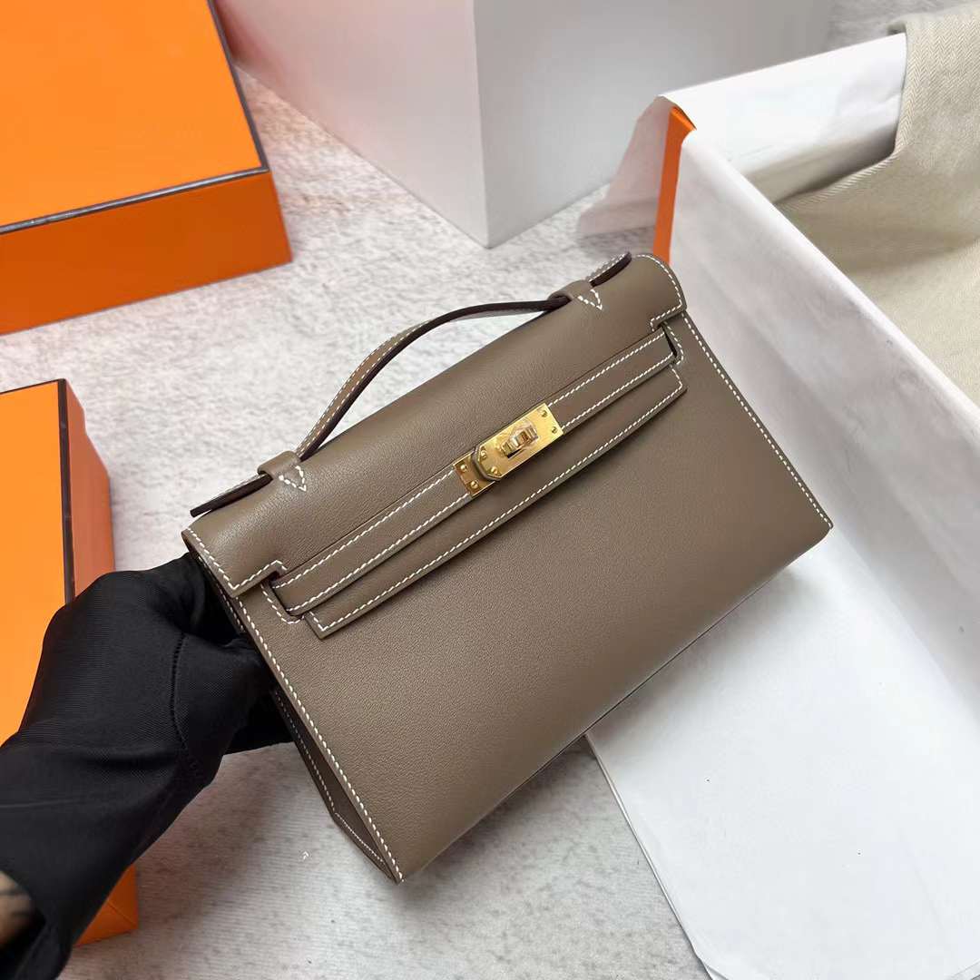 Hermès（爱马仕）Mini Kelly Pochette Swift Ck18 大象灰 金扣 22cm 全手工蜡线缝制 Ghw