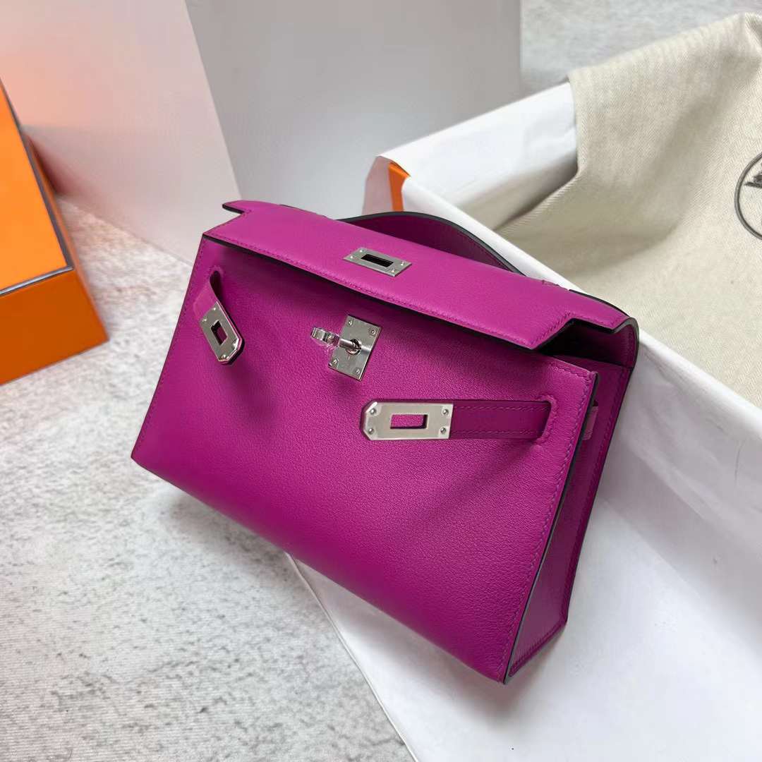 Hermès（爱马仕）Mini Kelly Pochette Swift L3 玫瑰紫 银扣 22cm 全手工蜡线缝制 Phw