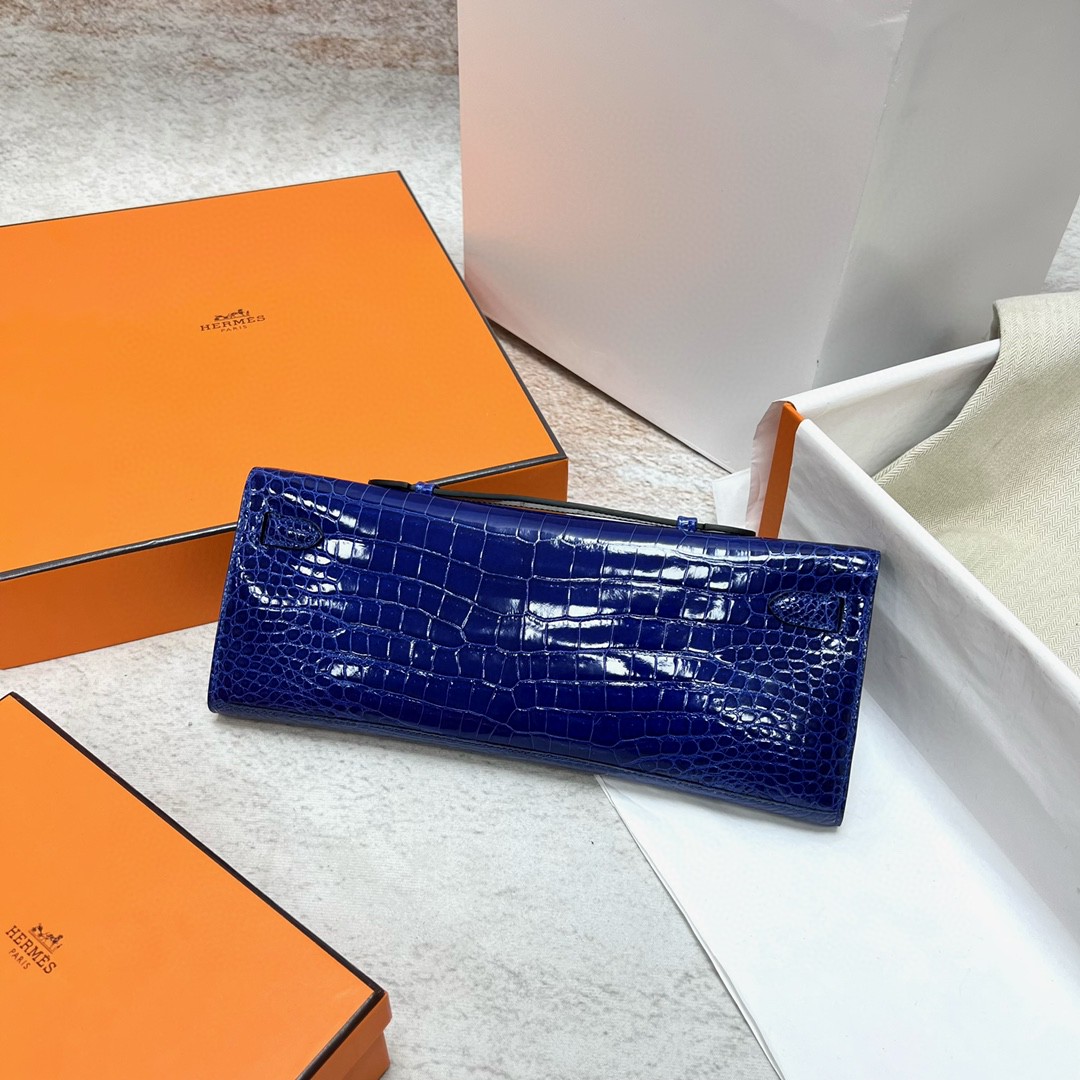 Hermès（爱马仕）Kelly cut Porosus shiny 亮面鳄鱼皮 7T 电光蓝 blue eletric 银扣 PHW 31cm 顶级手缝