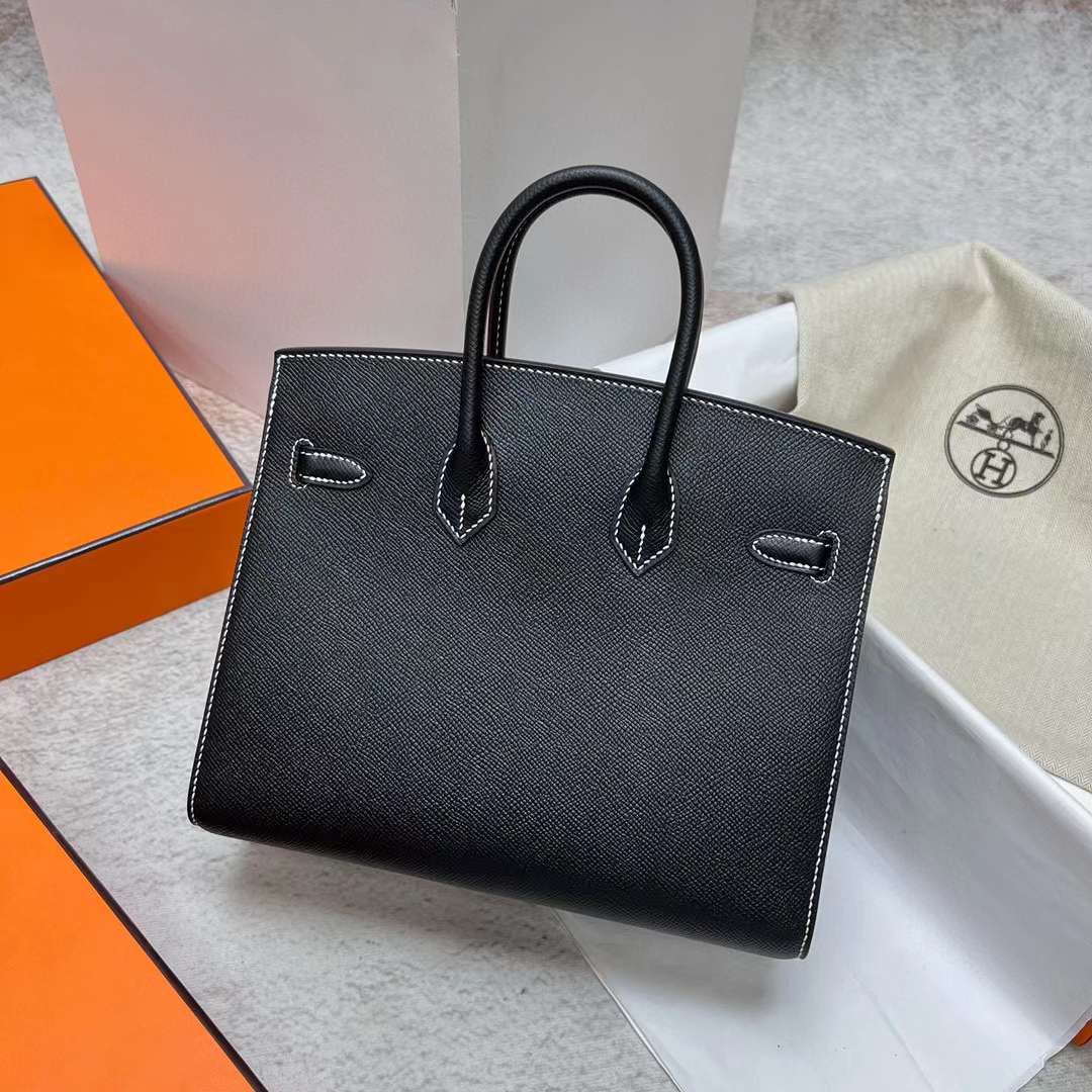 Hermès（爱马仕）Birkin 铂金包 Sellier Epsom Ck89 黑色 走白色线 银扣 25cm 全手工蜡线缝制 Phw