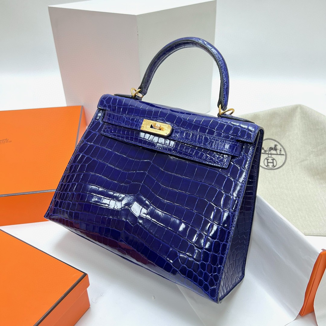 Hermès（爱马仕）Kelly 凯莉包 Crocodile shiny 亮面尼罗鳄鱼皮 7T 电光蓝 金扣 GHW 28cm 顶级手缝