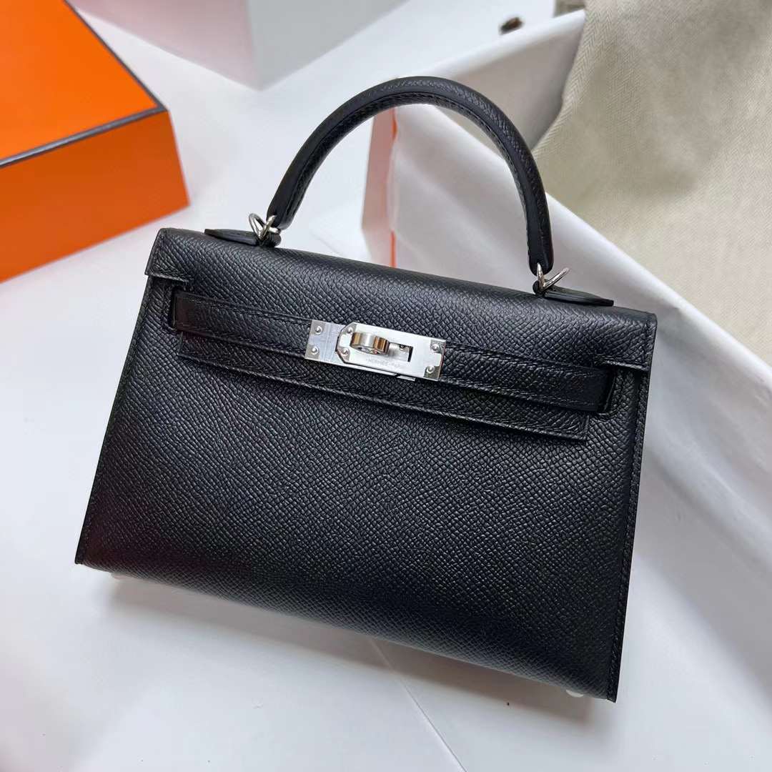 Hermès（爱马仕）Mini Kelly 迷你凯莉 Epsom Ck89 黑色 银扣 19cm 全手工蜡线缝制 Phw
