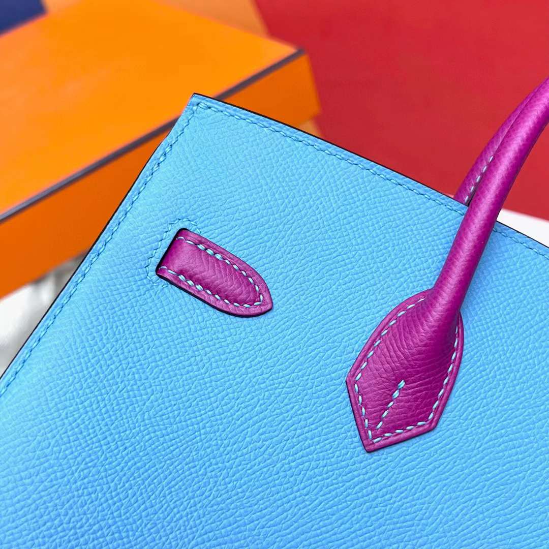 Hermès（爱马仕）Birkin 铂金包 Sellier Epsom P3 北方蓝 拼 L3 玫瑰紫 拉丝银扣 25cm 全手工蜡线缝制 MPhw
