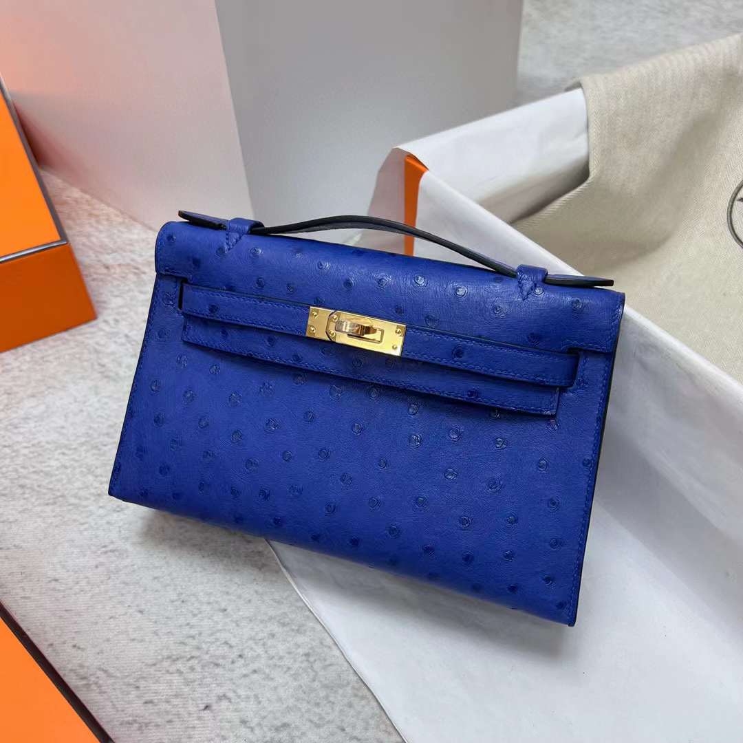 Hermès（爱马仕）Mini Kelly Pochette Ostrich 鸵鸟皮 7T 电光蓝 金扣 22cm 全手工蜡线缝制 Ghw