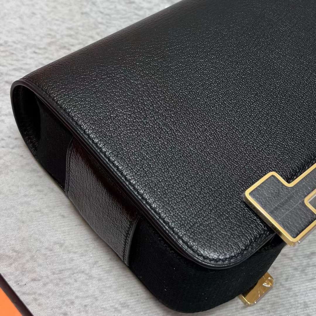 Hermès（爱马仕）Geta 木屐包 Chevre 进口山羊皮 Ck89 黑色 金扣 20cm 全手工蜡线缝制 Ghw