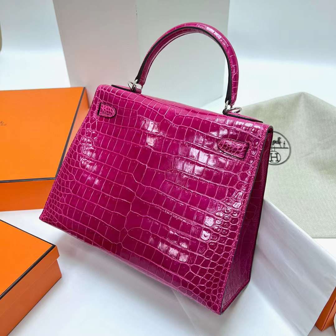 Hermès（爱马仕）Kelly 凯莉包 亮面倒v澳洲湾鳄 Shiny Porosus Crocodile E5 桃红色 银扣 28cm 全手工蜡线缝制 Phw