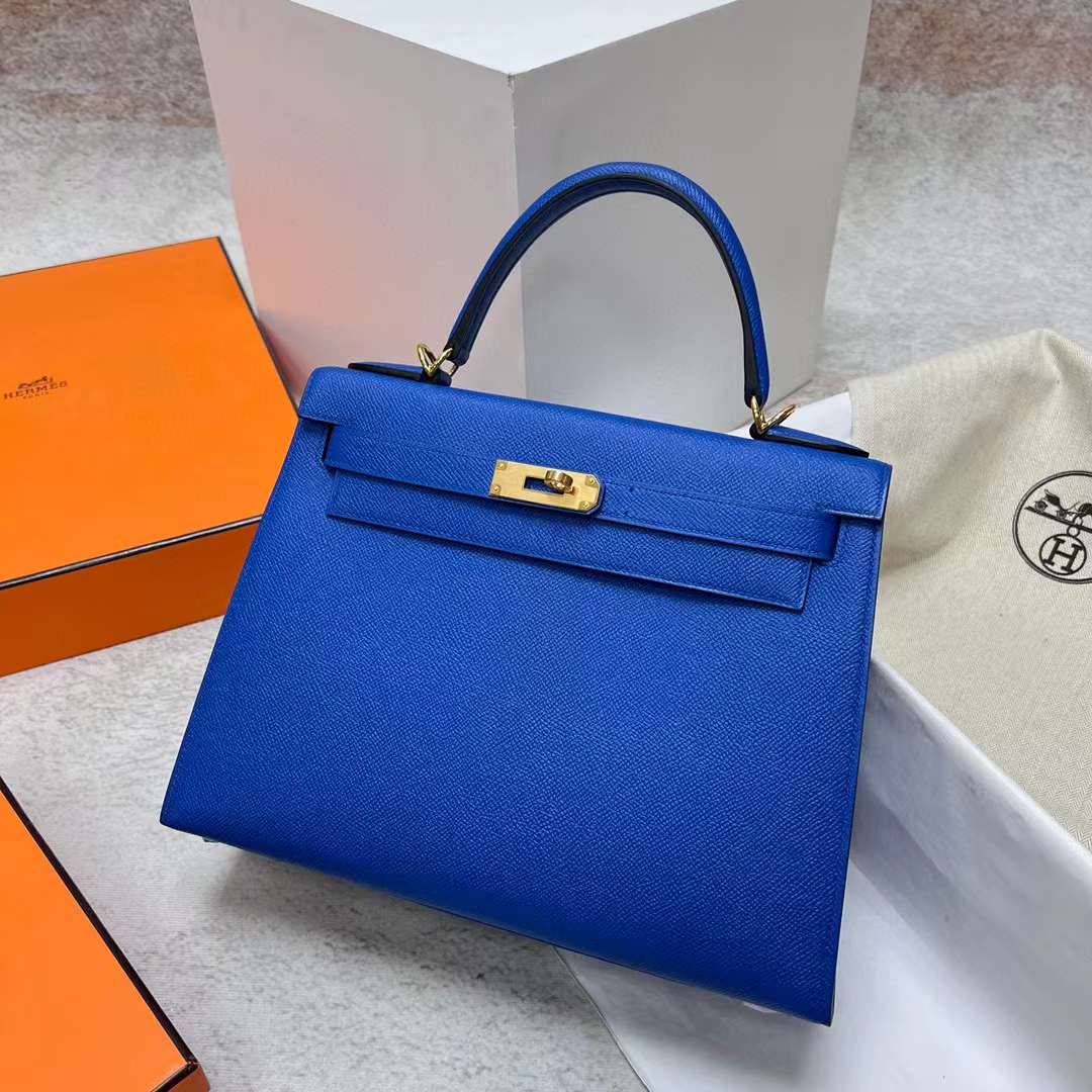 Hermès（爱马仕）Kelly 凯莉包 Epsom O8 法国蓝 金扣 28cm 全手工蜡线缝制 Phw