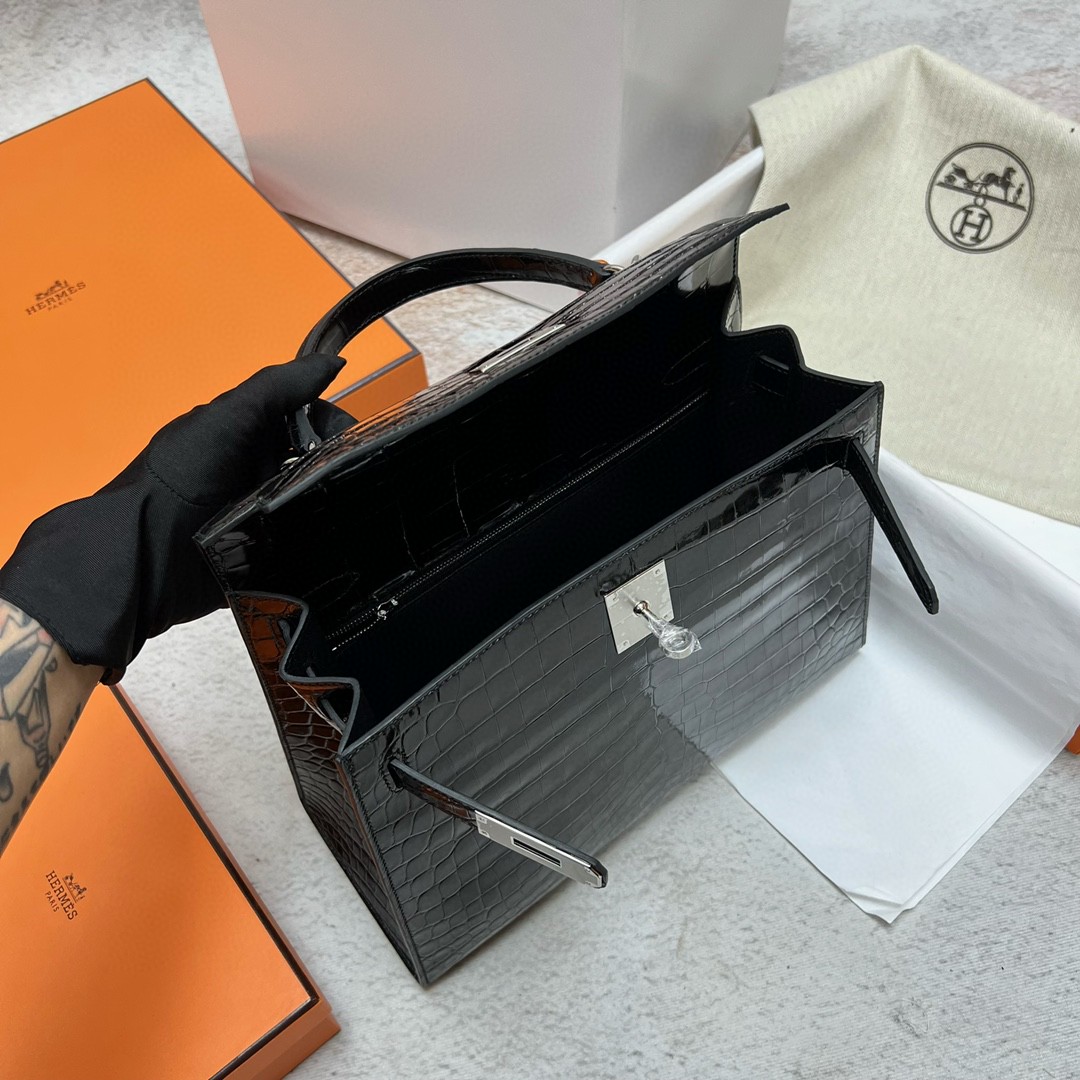 Hermès（爱马仕）Kelly 凯莉包 Crocodile shiny 亮面鳄鱼 ck89 黑色 Noir 银扣 Phw 28cm 顶级手缝