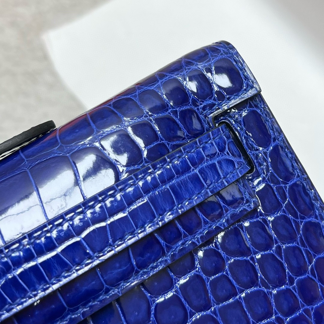 Hermès（爱马仕）Kelly cut Porosus shiny 亮面鳄鱼皮 7T 电光蓝 blue eletric 银扣 PHW 31cm 顶级手缝