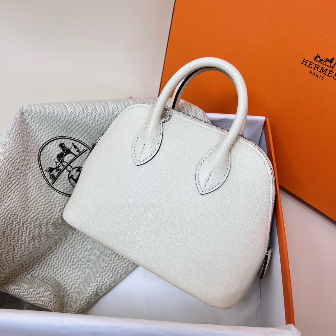 Hermès（爱马仕）Mini bolide 迷你保龄球 Chevre 山羊皮 奶油白 nata 银扣 PHW 19cm 顶级手缝