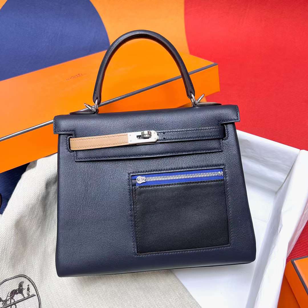 Hermès（爱马仕）Kelly 凯莉包 Colormatic Swift 2Z 午夜蓝 银扣 25cm 全手工蜡线缝制 Phw