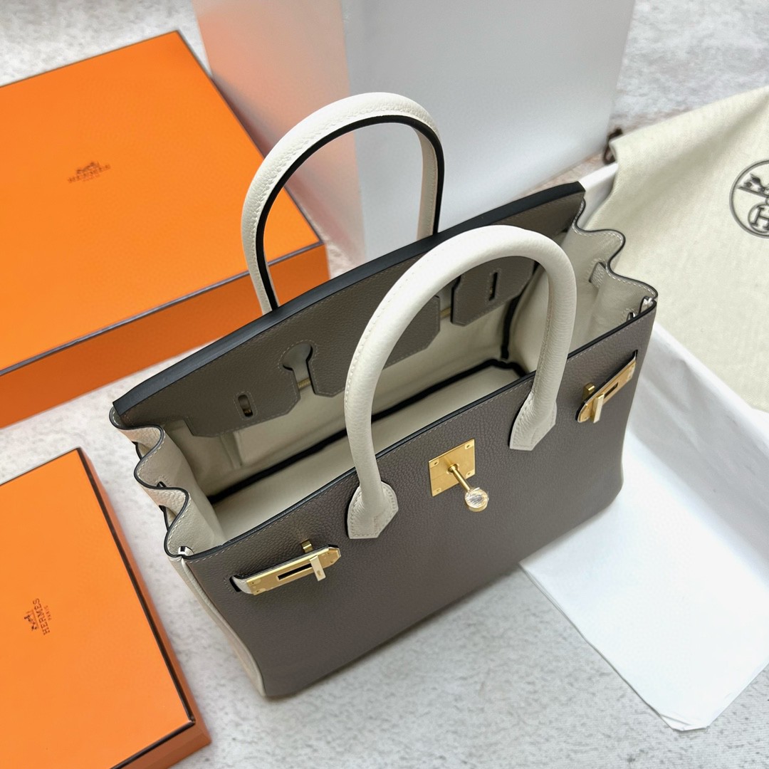Hermès（爱马仕）Birkin 铂金包 togo 小牛皮 沥青灰 拼 奶油白 金扣 GHW 马蹄印 30cm 顶级手缝