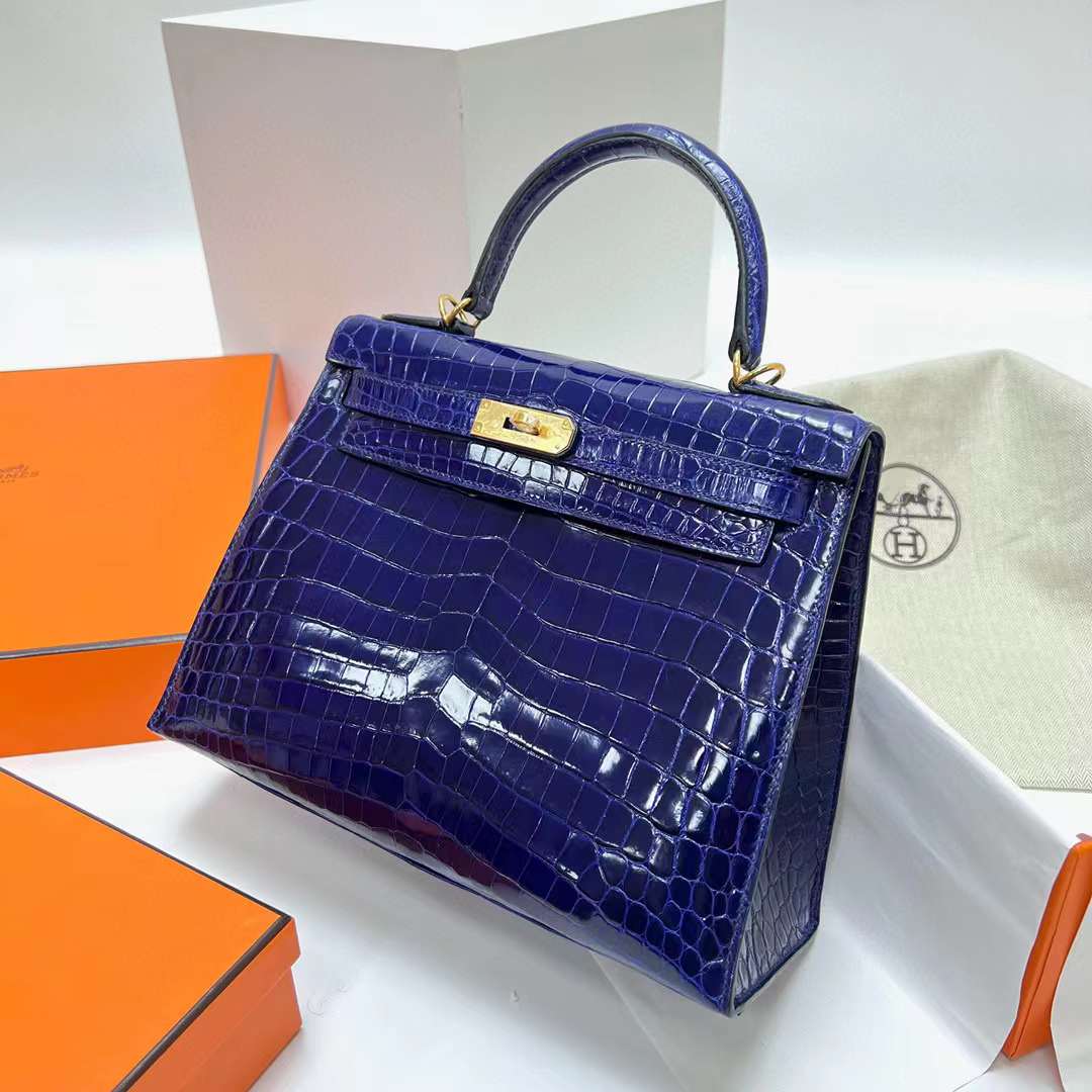 Hermès（爱马仕）Kelly 凯莉包 亮面尼罗鳄鱼皮 Shiny Nilo Crocodile 7T 电光蓝 金扣 28cm 全手工蜡线缝制 Ghw