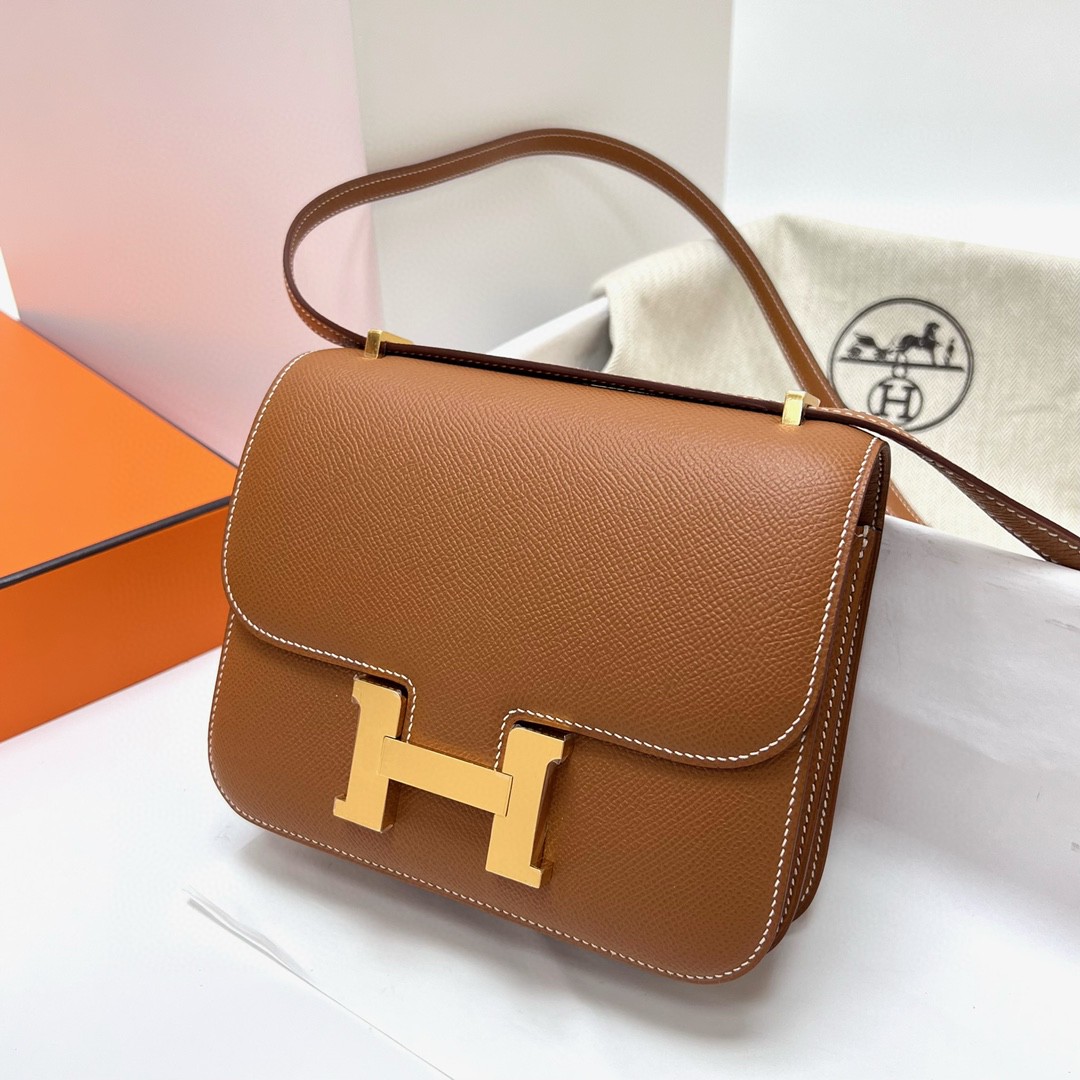 Hermès（爱马仕）Constance 空姐包 Epsom 掌纹皮 ck37 金棕色 Gold 金扣 GHW 18cm 顶级手缝