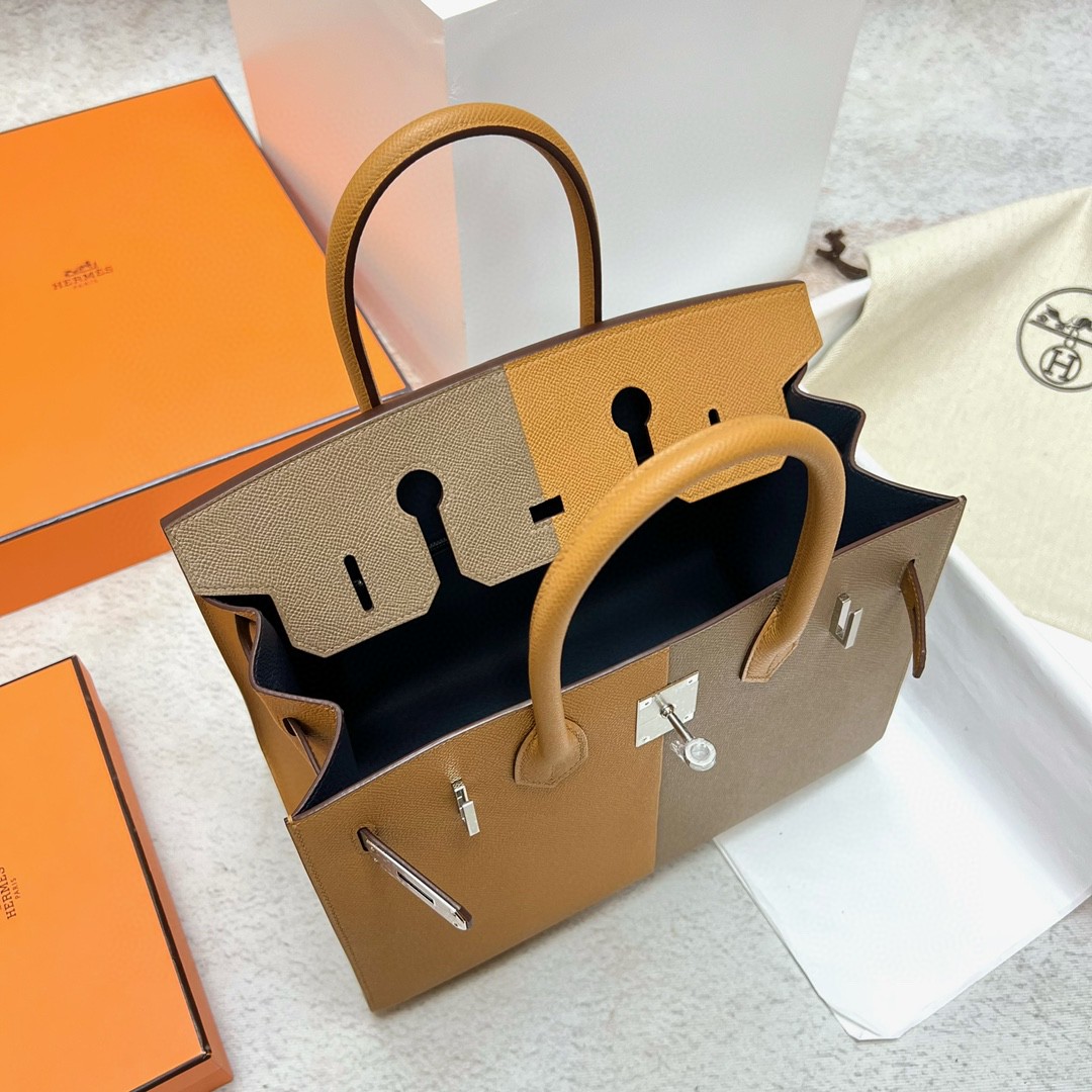 Hermès（爱马仕）Birkin 铂金包 Epsom 原厂掌纹皮 芝麻色 拼 大象灰 银扣 Phw 30cm