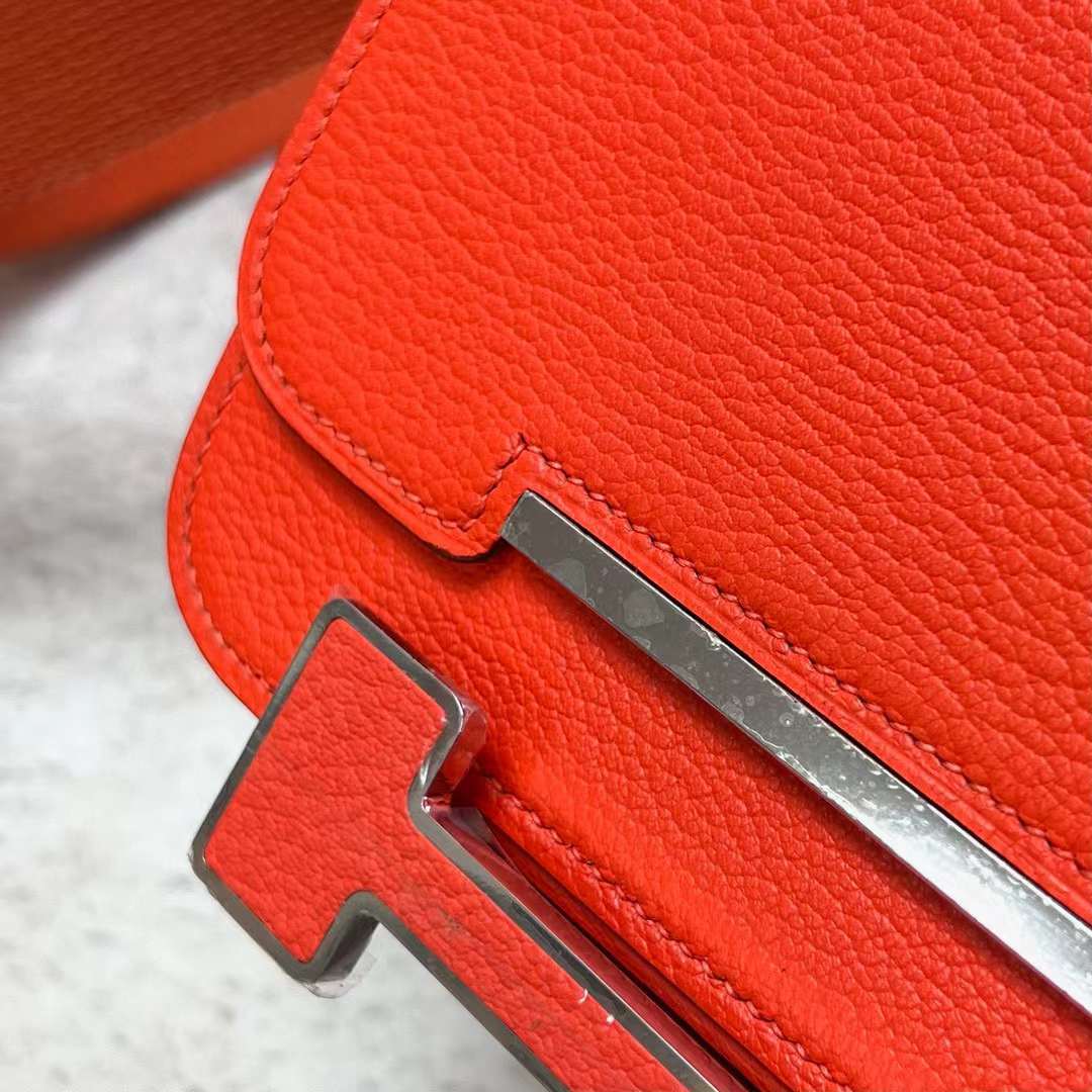 Hermès（爱马仕）Geta 木屐包 Chevre 进口山羊皮 J9 火焰橙 银扣 20cm 全手工蜡线缝制 Phw