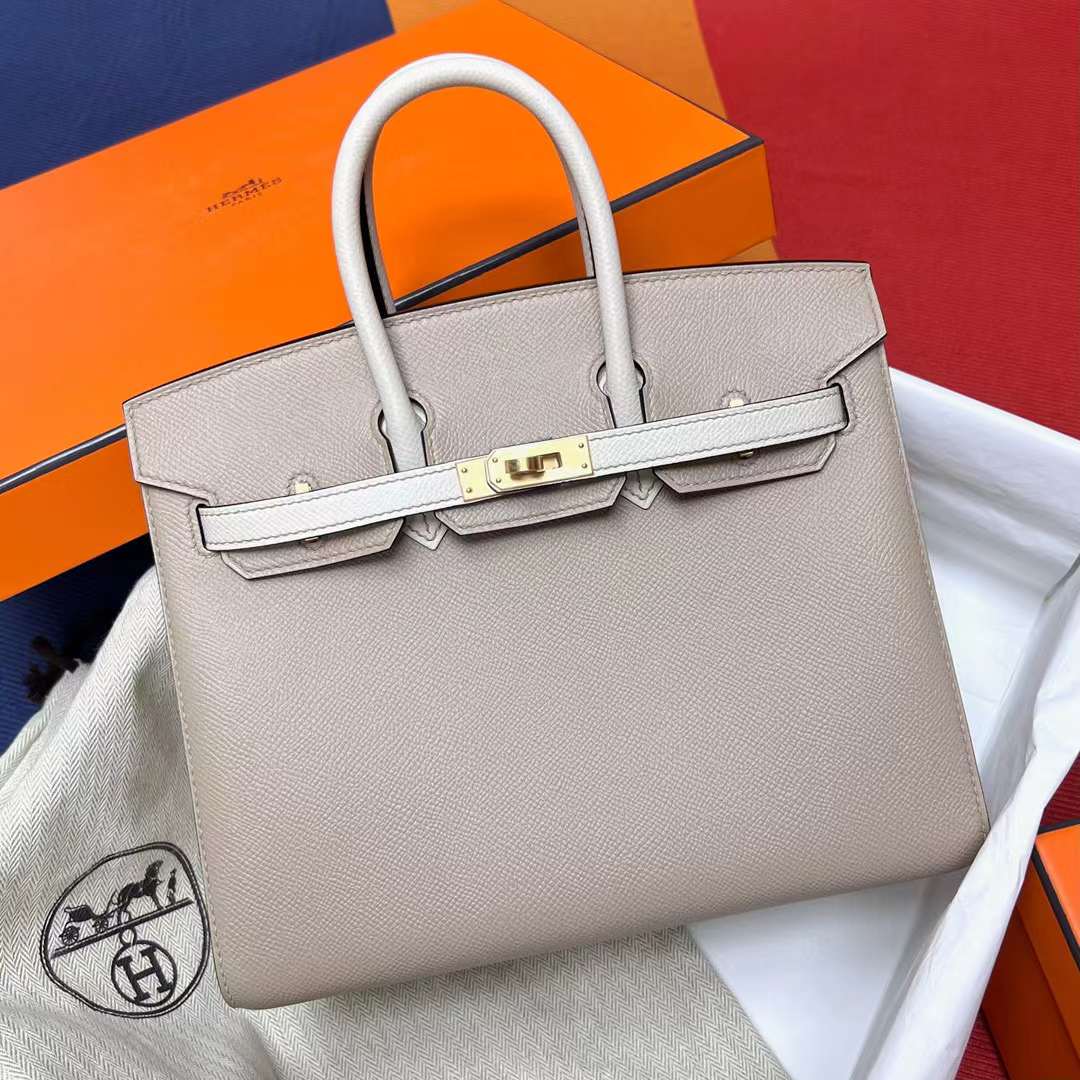 Hermès（爱马仕）Birkin 铂金包 Sellier Epsom S2 风衣灰 拼 ck10 奶昔白 拉丝金扣 25cm 全手工蜡线缝制 MPhw