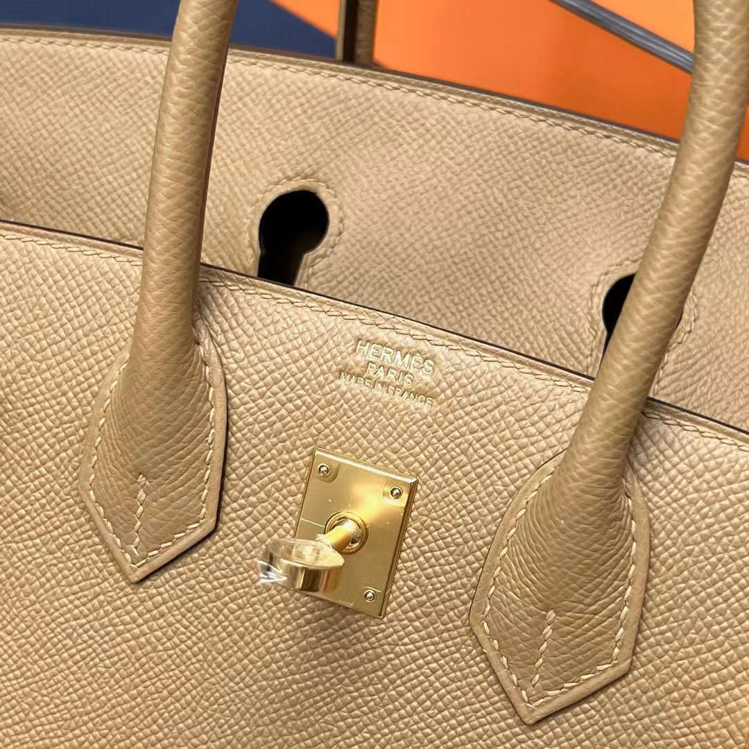 Hermès（爱马仕）Birkin 铂金包 Sellier Epsom 0M 奶茶色 金扣 25cm 全手工蜡线缝制 Ghw