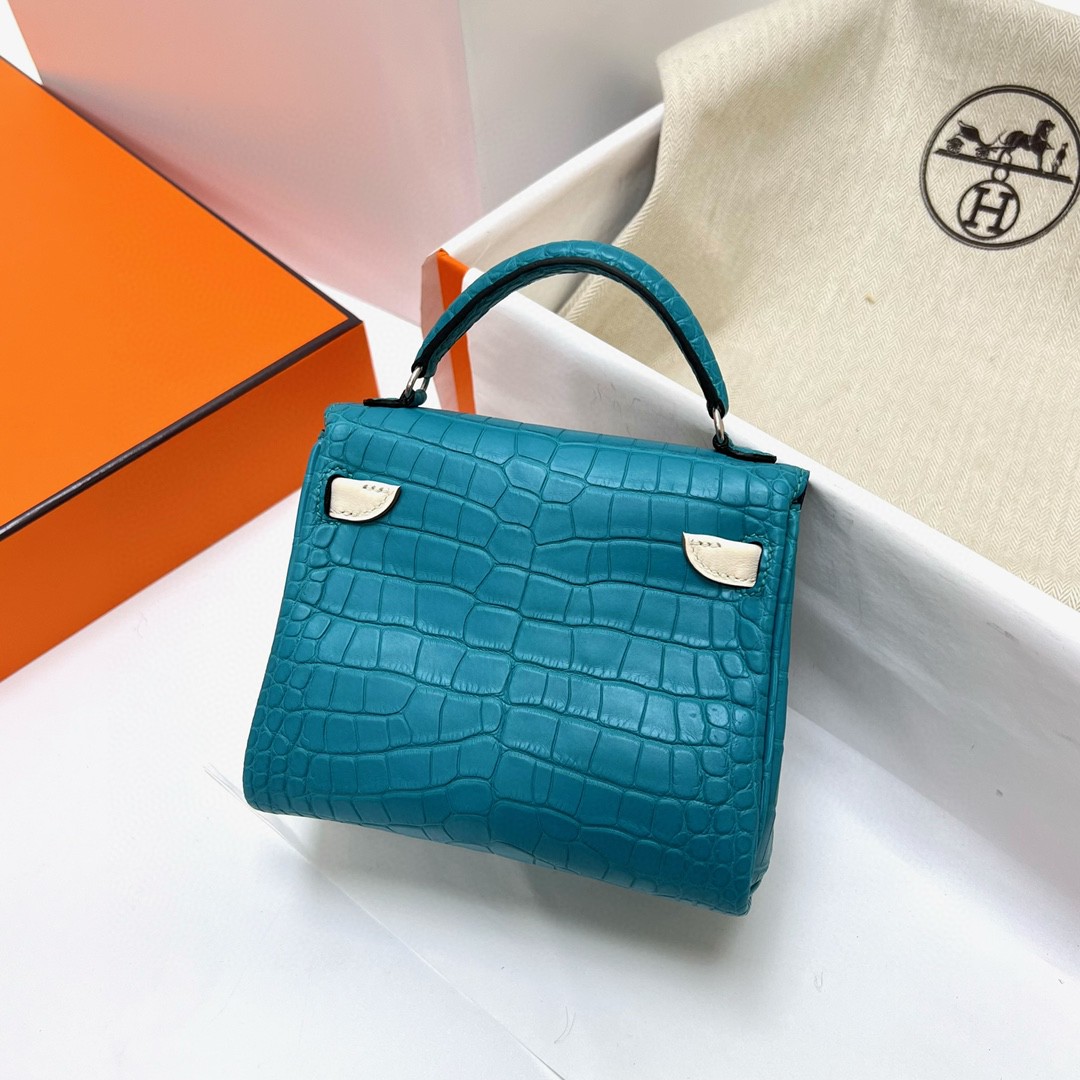 Hermès（爱马仕）Kelly doll Swift 拼 Alligator matt 雾面鳄鱼皮 孔雀蓝 blue paon 拼 奶油白 银扣 Phw 16cm 顶级手缝