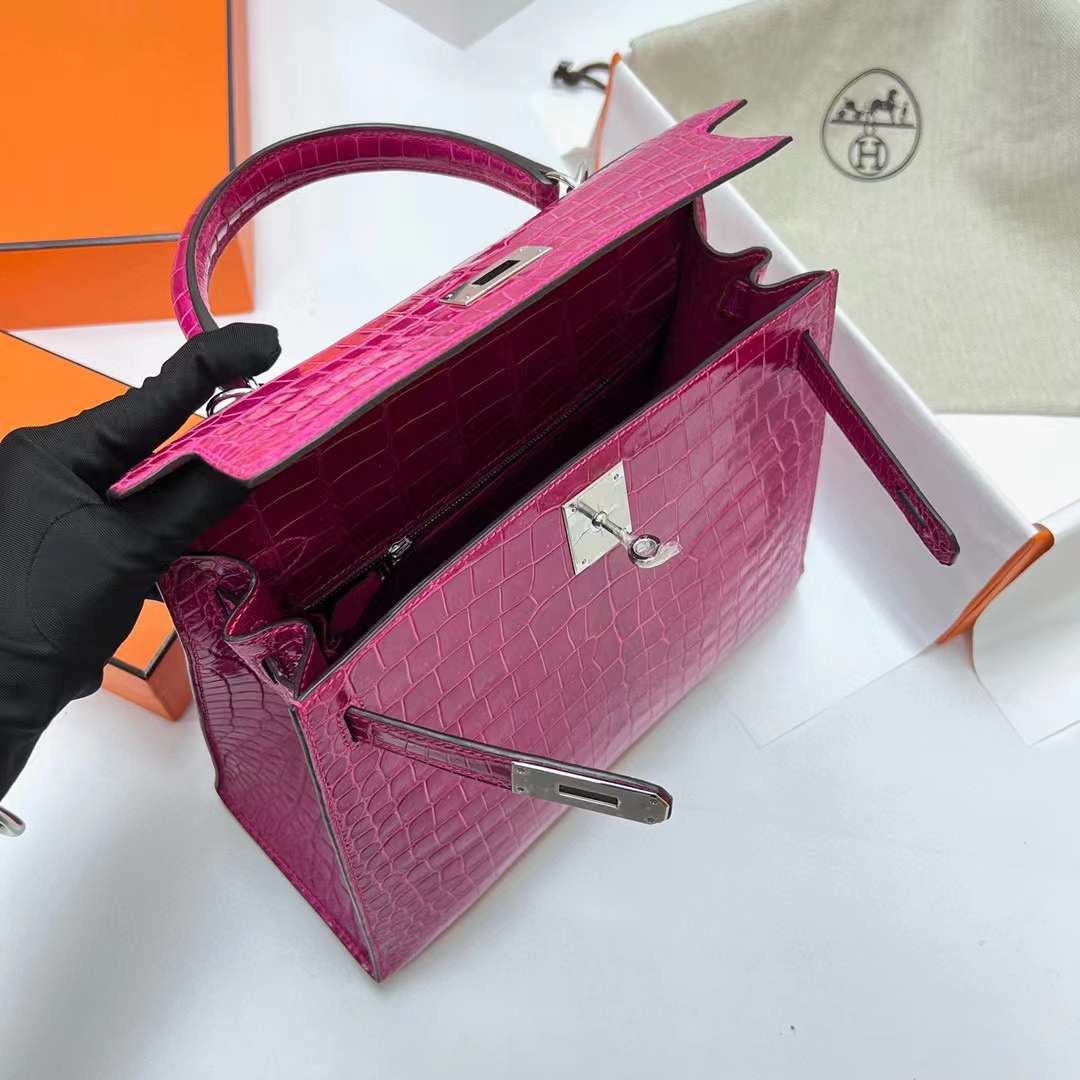 Hermès（爱马仕）Kelly 凯莉包 亮面倒v澳洲湾鳄 Shiny Porosus Crocodile E5 桃红色 银扣 28cm 全手工蜡线缝制 Phw