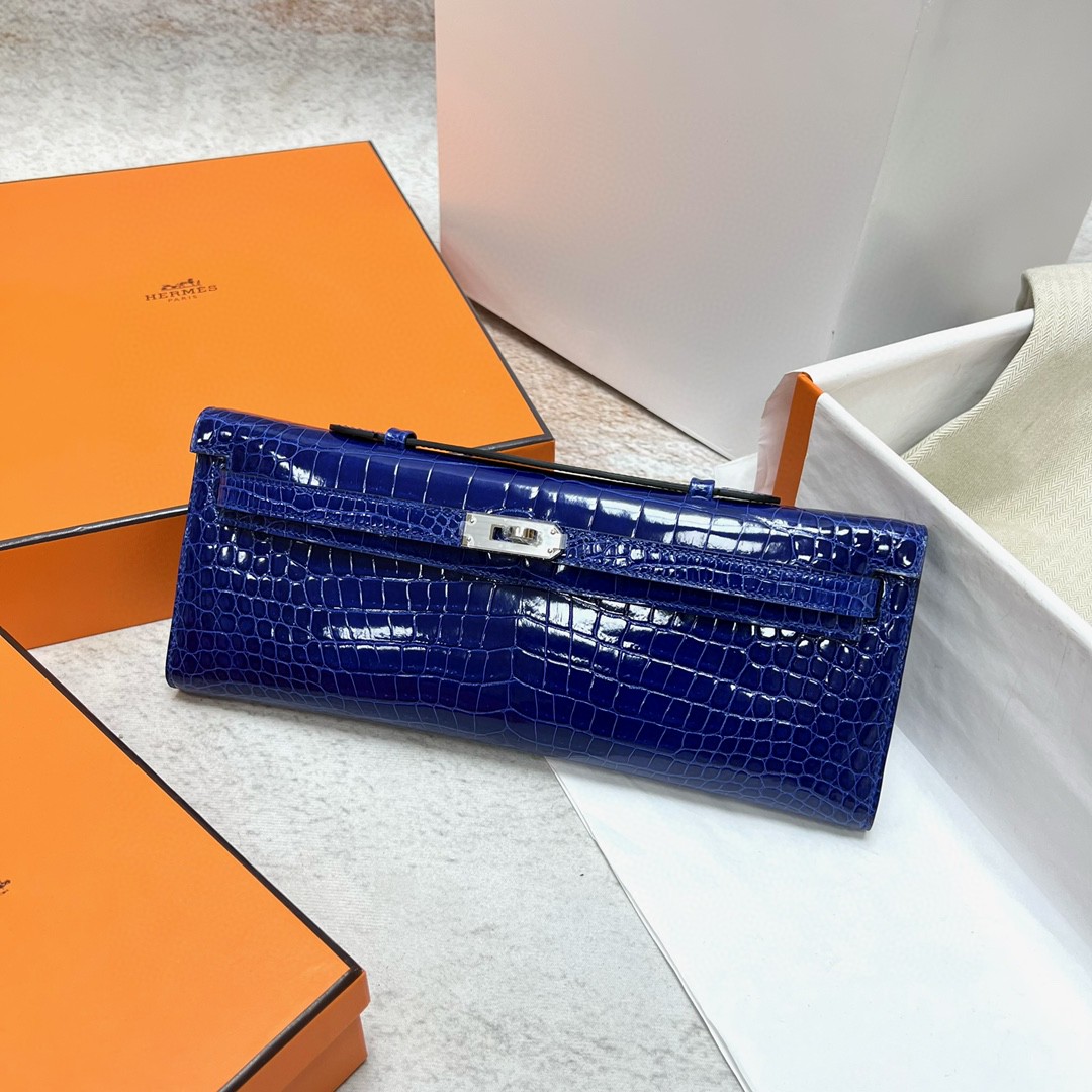 Hermès（爱马仕）Kelly cut Porosus shiny 亮面鳄鱼皮 7T 电光蓝 blue eletric 银扣 PHW 31cm 顶级手缝