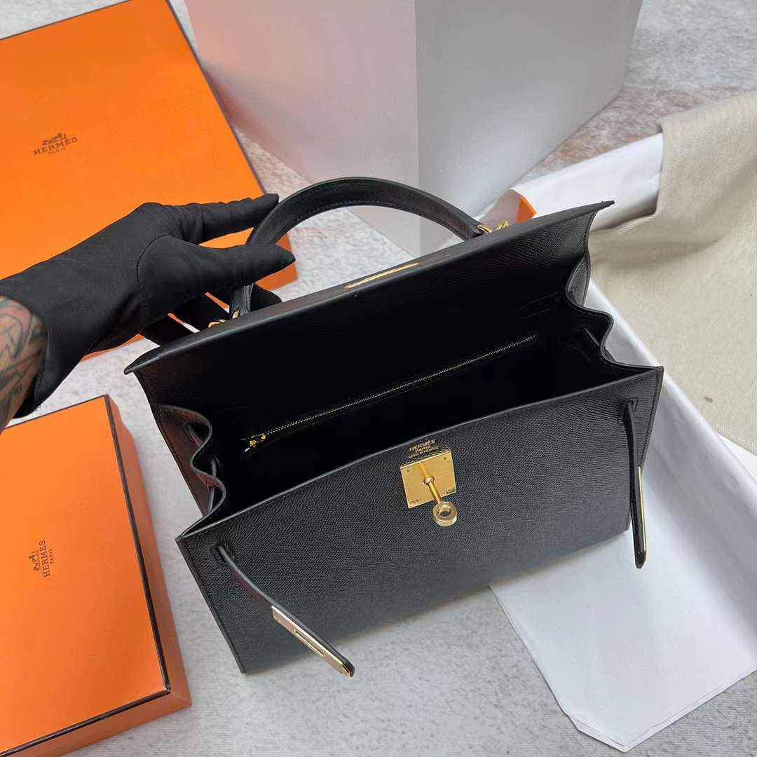 Hermès（爱马仕）Kelly 凯莉包 Epsom Ck89 黑色 金扣 28cm 全手工蜡线缝制 Ghw